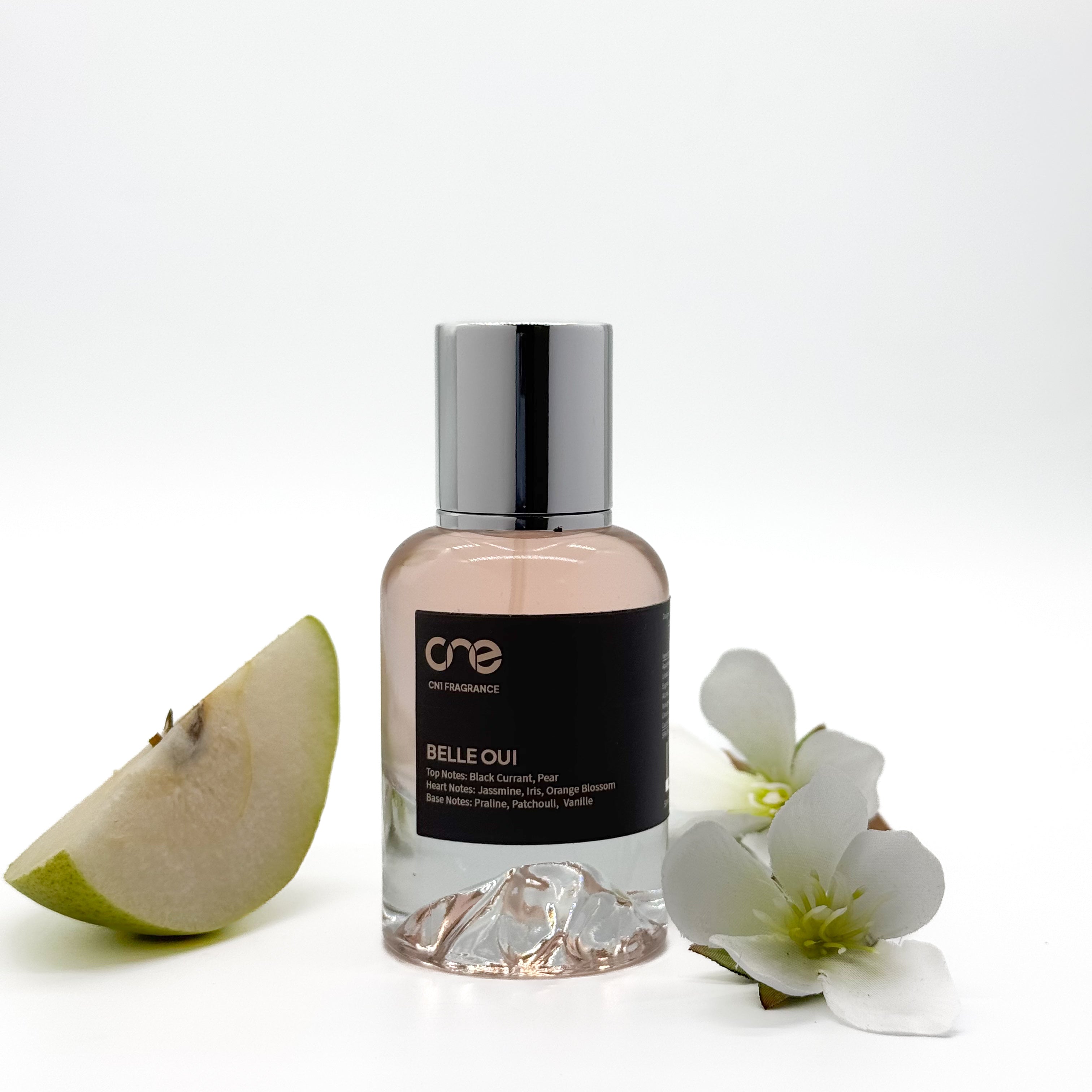 Belle Oui fragrance from CN1 Fragrance featuring top notes of fresh citrus, heart notes of floral jasmine, and base notes of warm amber and sandalwood.