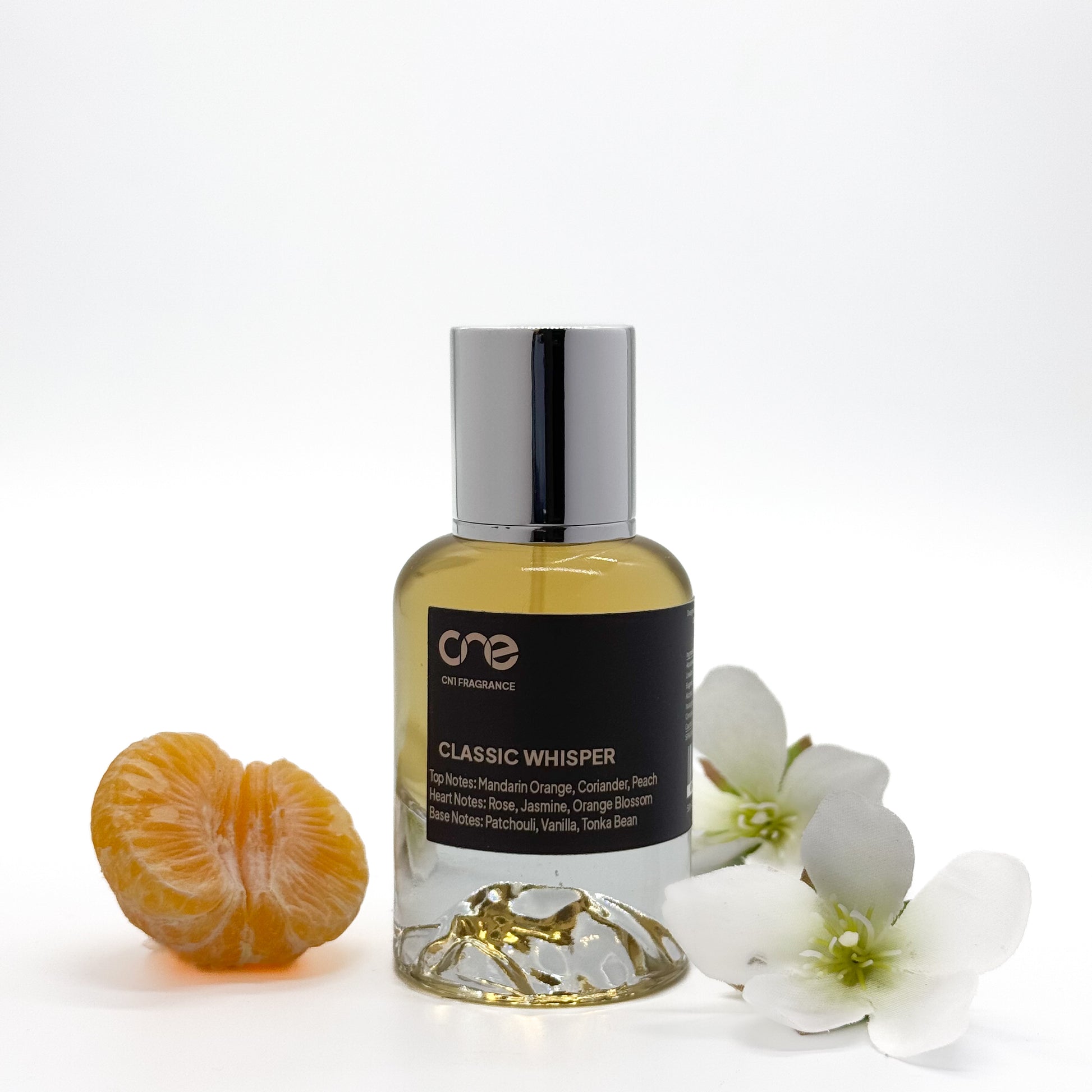 Classic Whisper Eau de Parfum by CN1 Fragrance – A luxurious blend featuring soft floral notes, creamy vanilla undertones, and a hint of fresh citrus, elegantly presented in a sleek bottle.