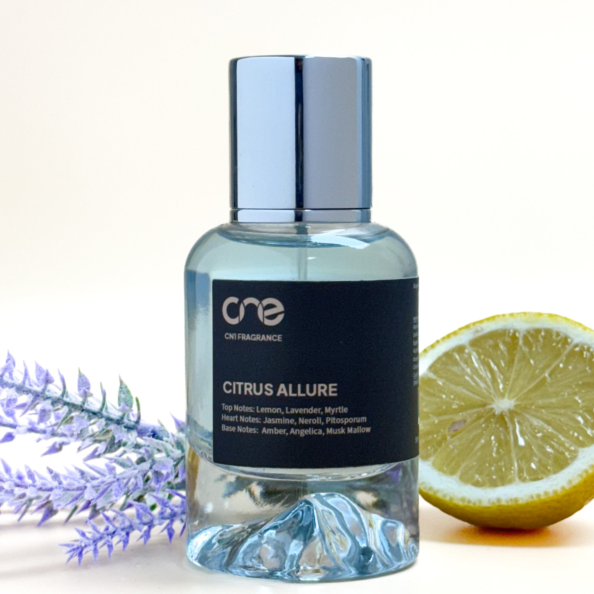 Perfume bottle labeled 'CITRUS ALLURE' with a lemon and lavender on a white background