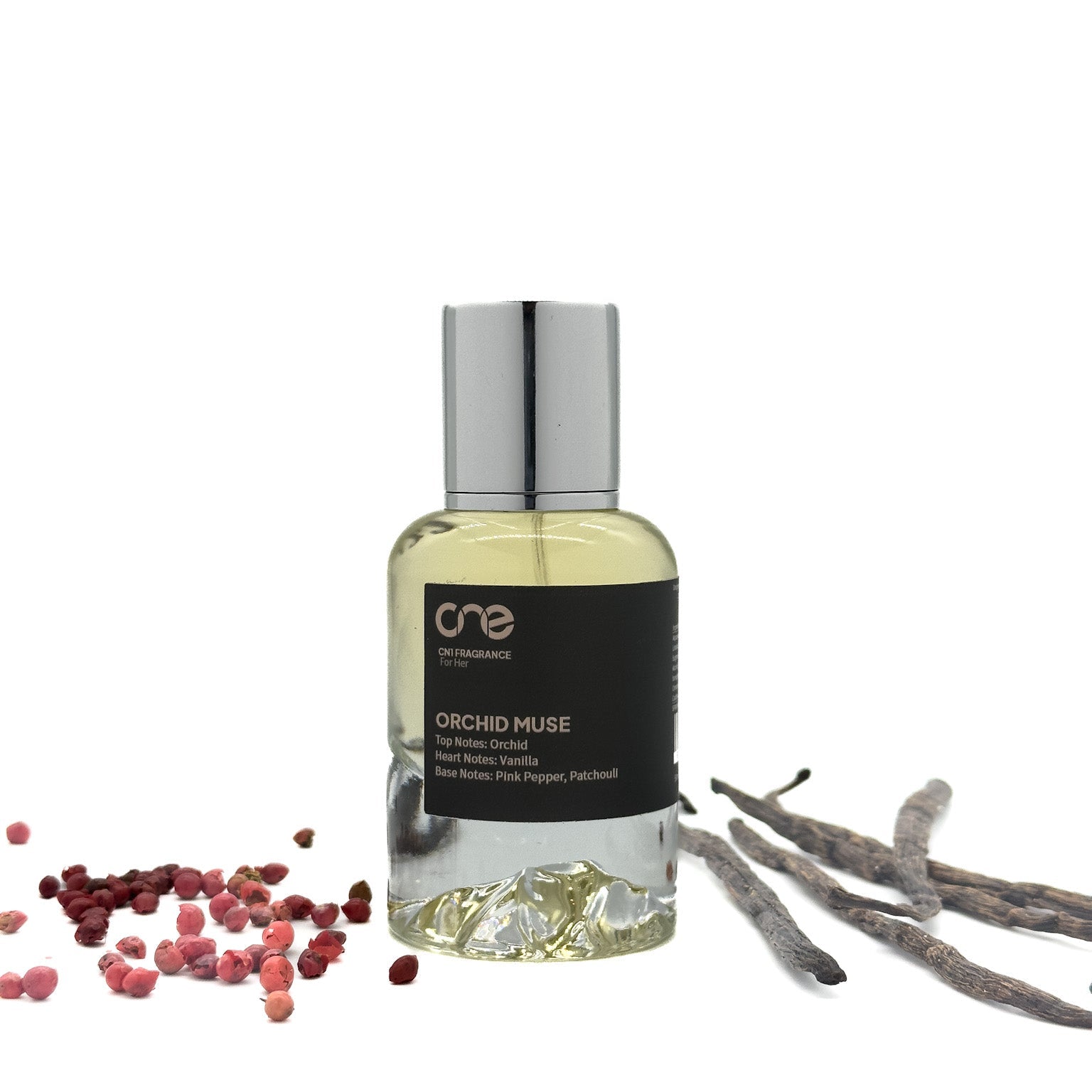 Orchid Muse by CN1 Fragrance 50 ml frosted glass bottle with pale lilac liquid and silver cap, surrounded by orchid blossoms on a marble slab