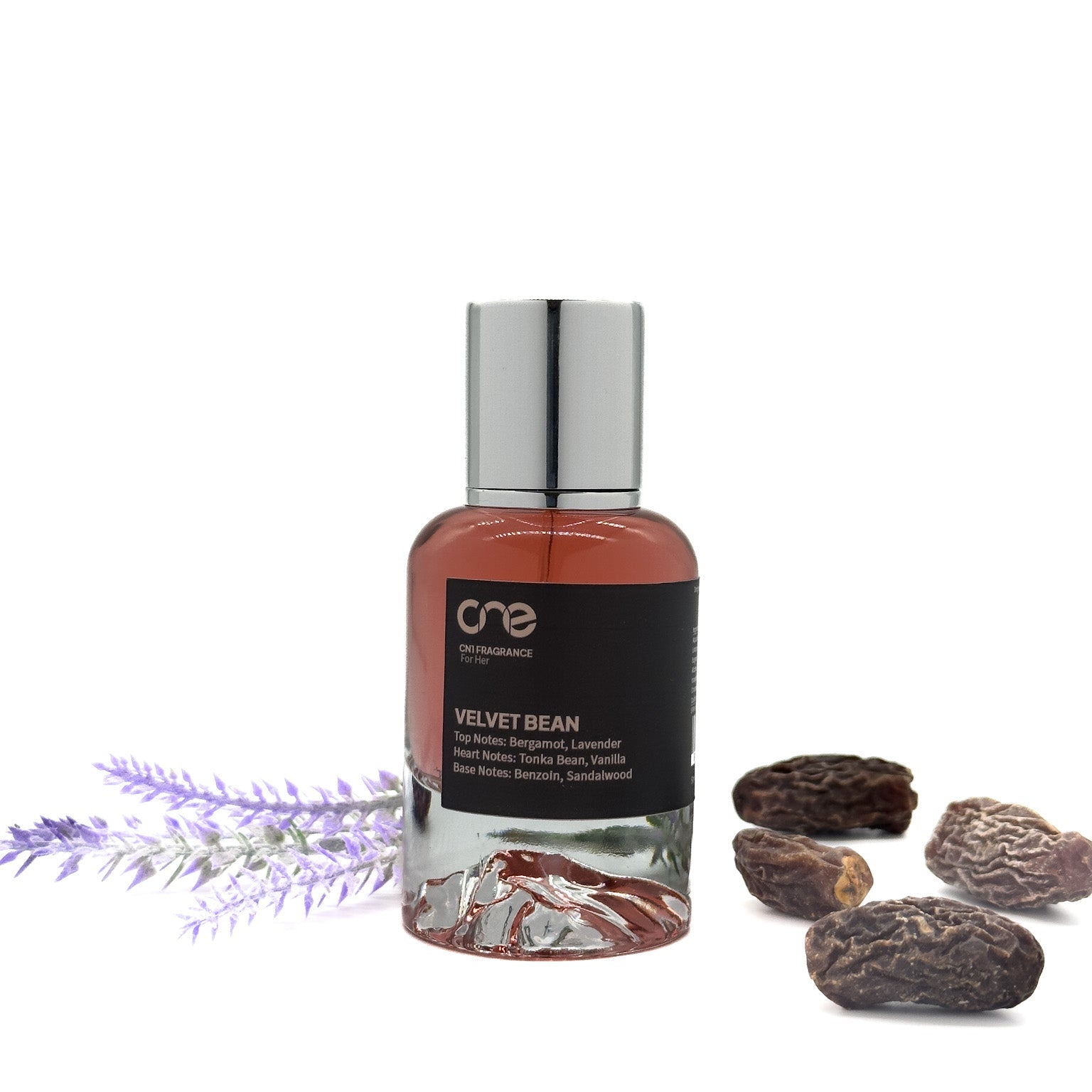 Velvet Bean by CN1 Fragrance 50 ml gold-capped bottle with rich amber liquid on a velvet backdrop