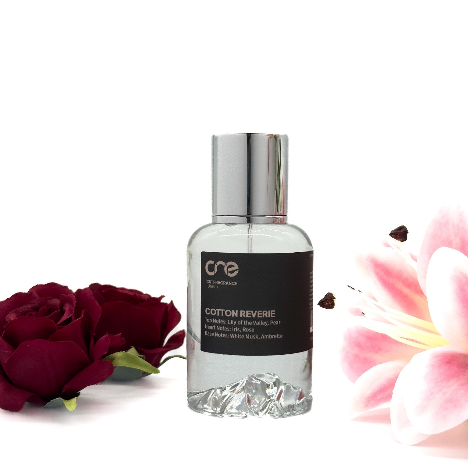 Cotton Reverie by CN1 Fragrance 50 ml clear glass bottle with minimalist silver cap on a white background