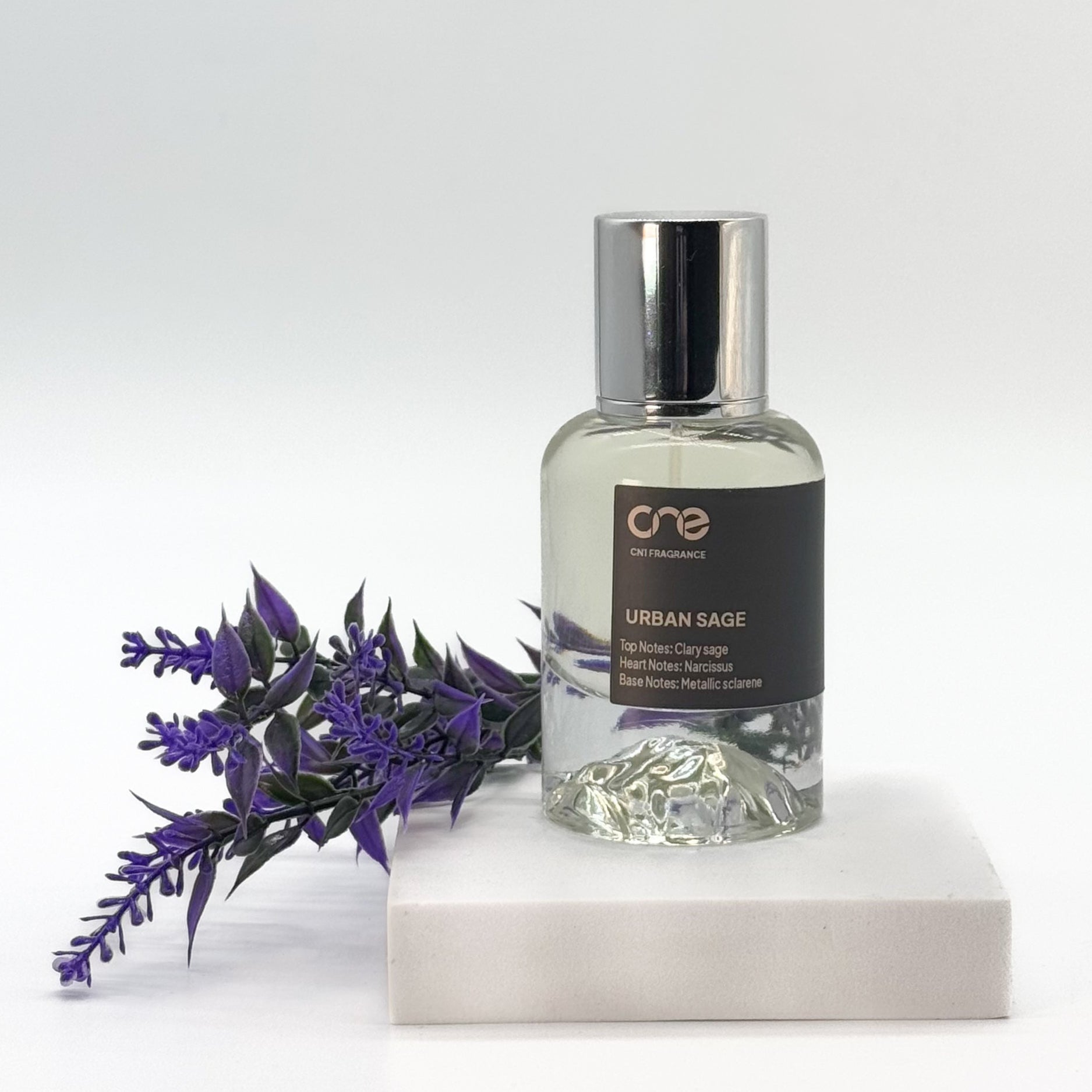 "Urban Sage by CN1 Fragrance - A 50ml bottle of perfume with a fresh, herbal scent, featuring top notes of sage and bergamot, heart notes of lavender and geranium, and base notes of cedarwood and vetiver. Inspired by Tom Ford's Grey Vetiver.