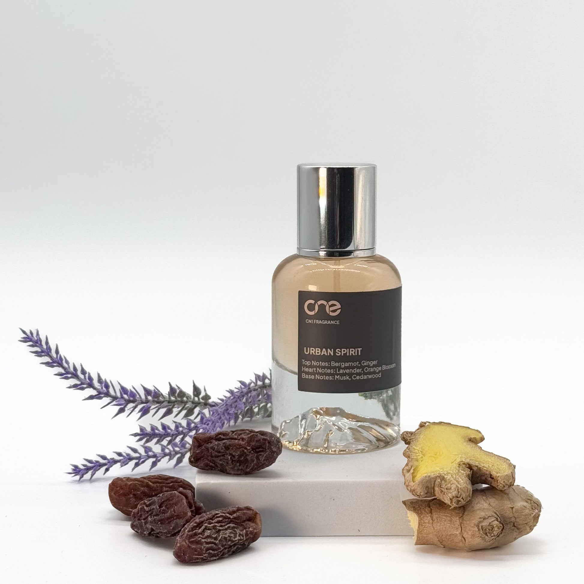 Urban Spirit by CN1 Fragrance - A 50ml bottle of perfume with a sophisticated, long-lasting scent, featuring top notes of bergamot and ginger, heart notes of lavender and orange blossom, and base notes of musk and cedarwood. Inspired by YSL Myslf